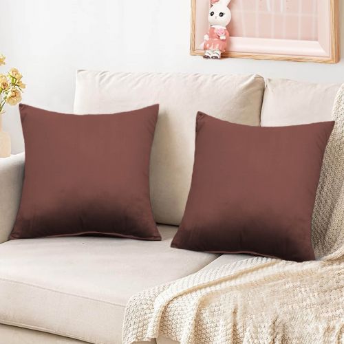 2 Pieces Velvet Decorative Cushion Set Solid Design, 45x45 cm, Brown