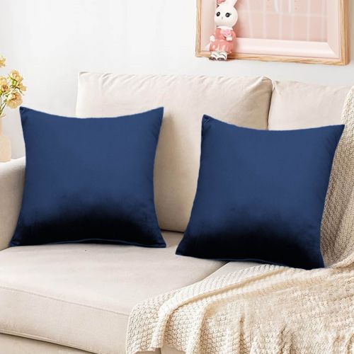 2 Pieces Velvet Decorative Cushion Set Solid Design, 45x45 cm, Dark Blue