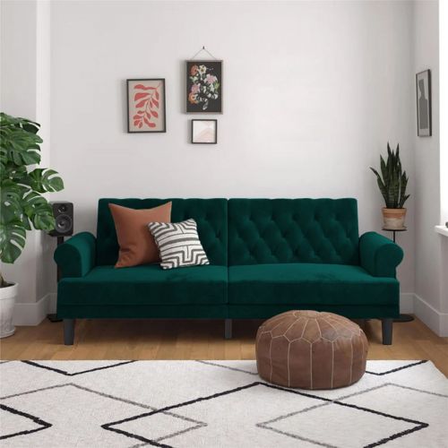 نوتيلا | أريكة على شكل سرير 2 في 1 منجدة بالمخمل, أخضر غامق