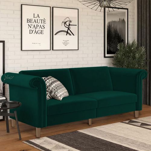 سيرينا | أريكة على شكل سرير 2 في 1 منجدة بالمخمل, أخضر غامق