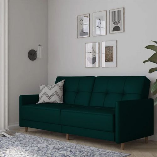 لين | أريكة على شكل سرير 2 في 1 منجدة بالمخمل, أخضر غامق
