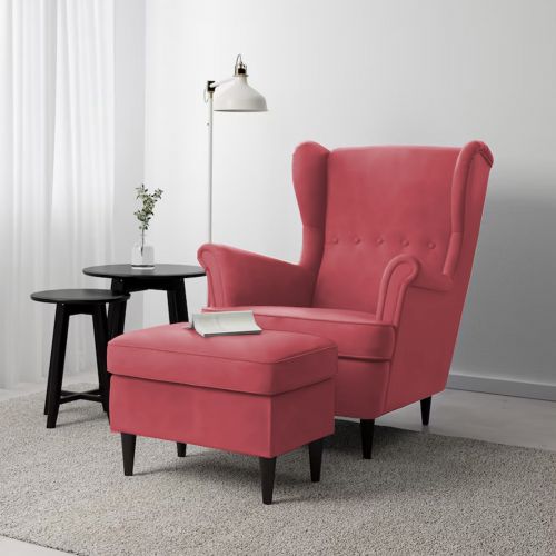 2 Pieces Chair king Velvet with Two Wings And FootStool, Dark Pink, E3 | In House