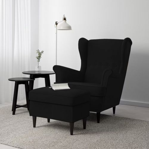 2 Pieces Chair king Velvet with Two Wings And FootStool, Black, E3 | In House