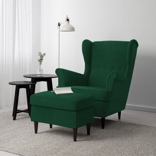 2 Pieces Chair king Velvet with Two Wings And FootStool, Dark Green, E3 | In House