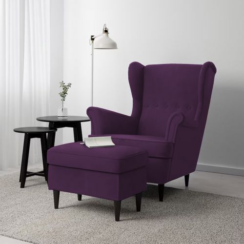 2 Pieces Chair king Velvet with Two Wings And FootStool, Dark Purple, E3 | In House