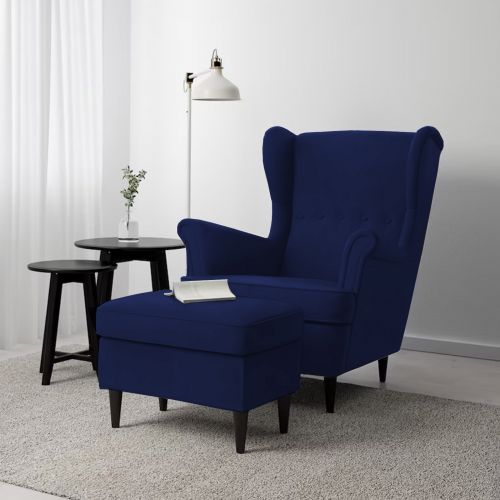 2 Pieces Chair king Velvet with Two Wings And FootStool, Dark Blue, E3 | In House