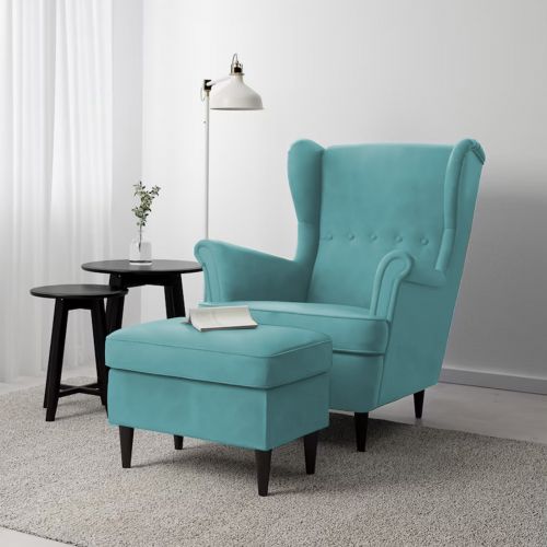 2 Pieces Chair king Velvet with Two Wings And FootStool, Light Turquoise, E3 | In House