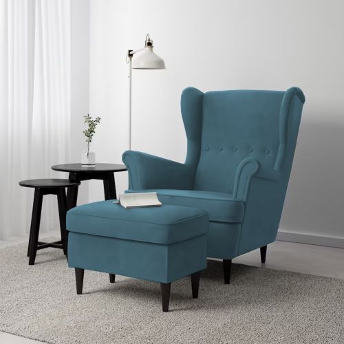 2 Pieces Chair king Velvet with Two Wings And FootStool, Dark Turquoise, E3 | In House