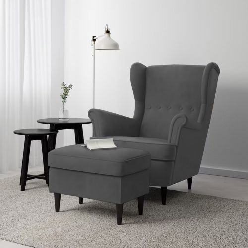 2 Pieces Chair king Velvet with Two Wings And FootStool, Dark Gray, E3 | In House