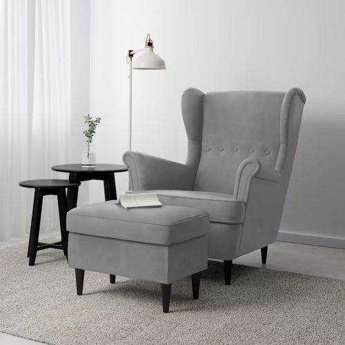 2 Pieces Chair king Velvet with Two Wings And FootStool, Gray, E3 | In House