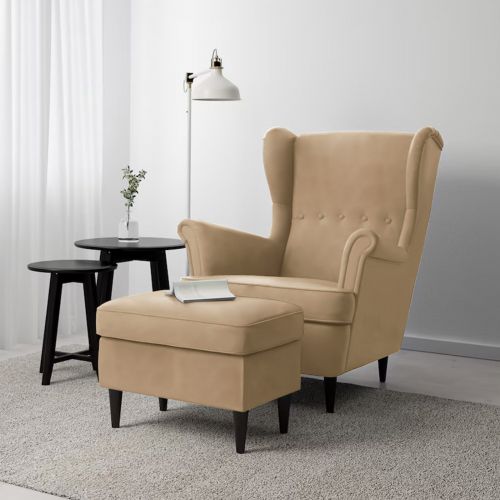 2 Pieces Chair king Velvet with Two Wings And FootStool, Light Beige, E3 | In House