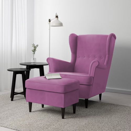 2 Pieces Chair king Velvet with Two Wings And FootStool, Light Purple, E3 | In House