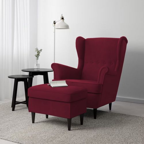 2 Pieces Chair king Velvet with Two Wings And FootStool, Burgundy, E3 | In House