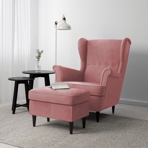 2 Pieces Chair king Velvet with Two Wings And FootStool, Light Pink, E3 | In House