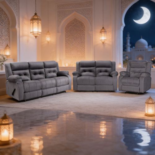 طقم كراسي استرخاء 3 قطع منجد بالمخمل, مفرد وثنائي وثلاثي, رمادي داكن, NZ30