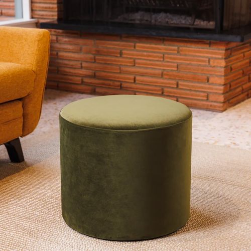 Round Pouf Malaysian Wood - Olive - Velvet - 40×40×45 cm - In House