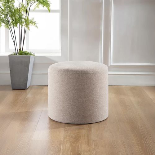 Round Pouf Malaysian Wood - Off White - Linen - 40×40×45 cm - In House