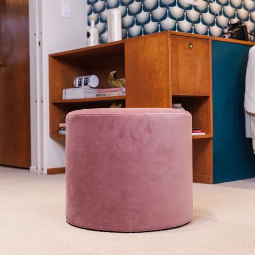 Round Pouf Malaysian Wood - Pink - Velvet - 40×40×40 cm - In House