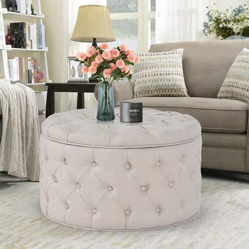 Upholstered Round Pouf Malaysian Wood - Off White - Linen - 70×70×40 cm - In House