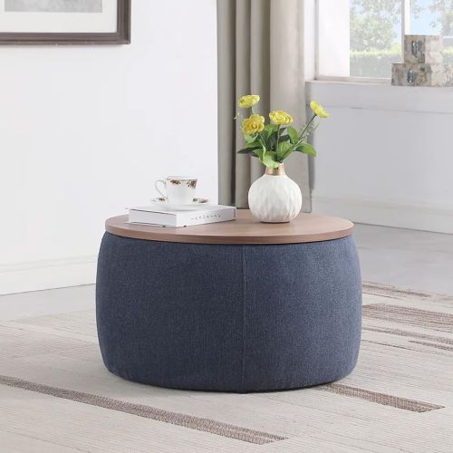 Round Pouf with wooden top table Malaysian Wood - Dark Gray - Linen - 60×45×45 cm - In House