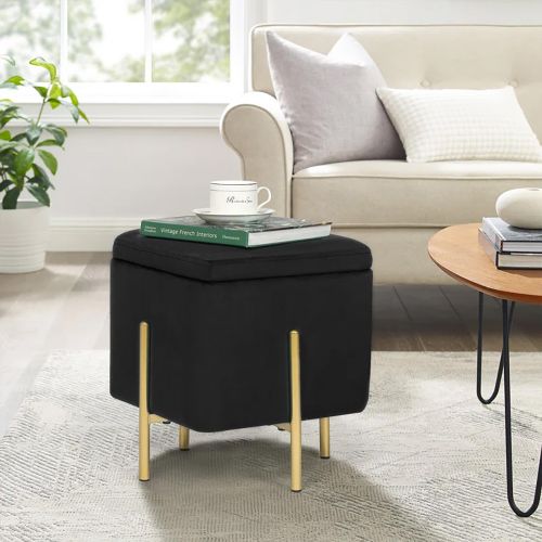 Square Pouf with high legs Malaysian Wood - Gray - Velvet - 45×45×45 cm - In House
