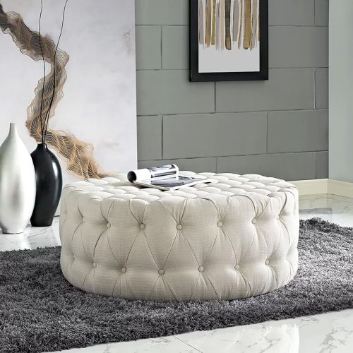 Upholstered Round Pouf Malaysian Wood - Beige - Linen - 70×70×45 cm - In House