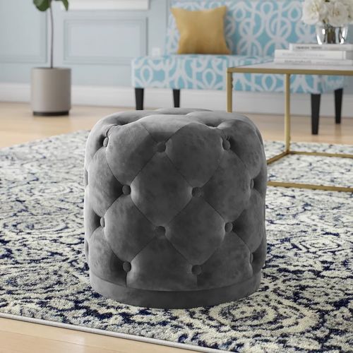 Round Pouf made of Malaysian wood. - Gray - Velvet - 40×45×45 cm - In House