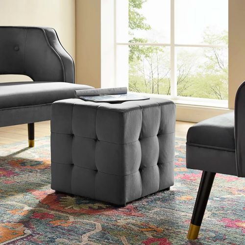 Square Pouf made of Malaysian wood. - Gray - Velvet - 40×40×45 cm - In House