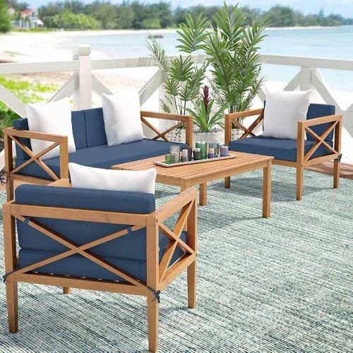 Sofa set with a two-seater, a two chairs, and a table, linen, 2 pieces, Blue & Brown
