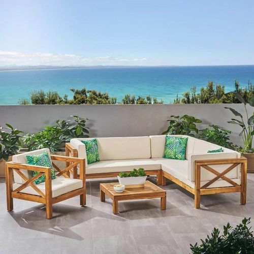 Corner sofa set, a chair, and a table, linen, 3 pieces, Beige & Brown
