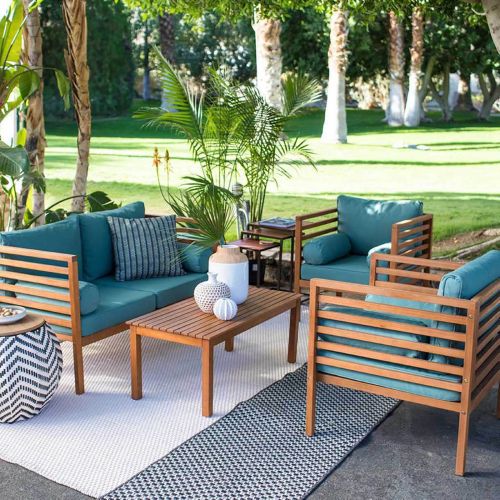 Two-seater sofa set, two chairs, and a table, linen, 4 pieces, Teal & Brown