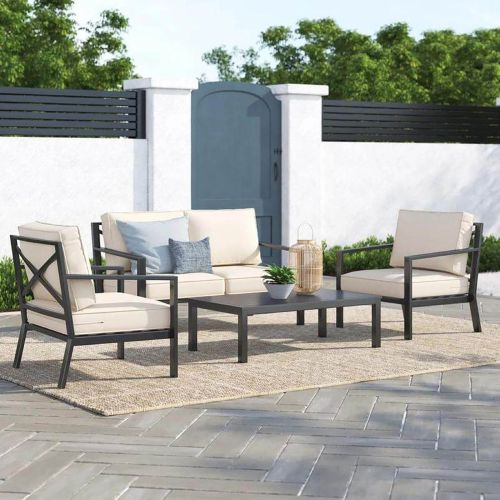 Two-seater sofa set, two chairs, and a table, linen, 4 pieces, Black & Beige