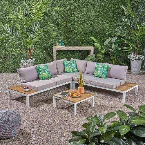 Corner sofa set and a table, linen, 2 pieces, White & Grey