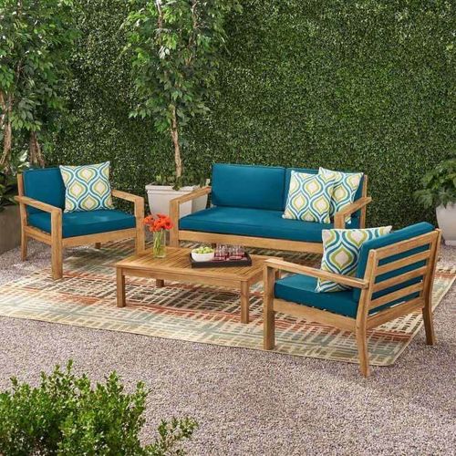 Sofa set with a two-seater, two chairs, and a table, linen, 4 pieces, Blue & Beige