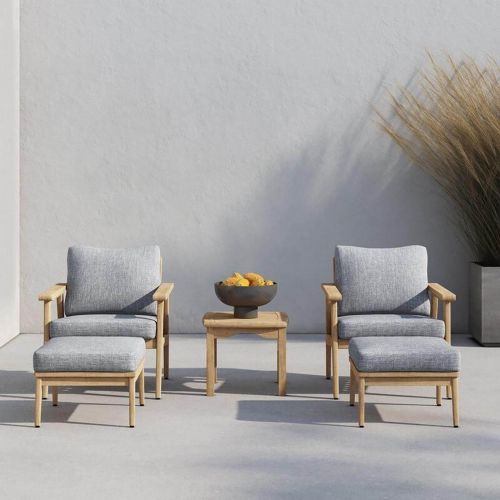 Set with two chairs, a table, and two poufs, burlap, 5 pieces, Grey & Beige