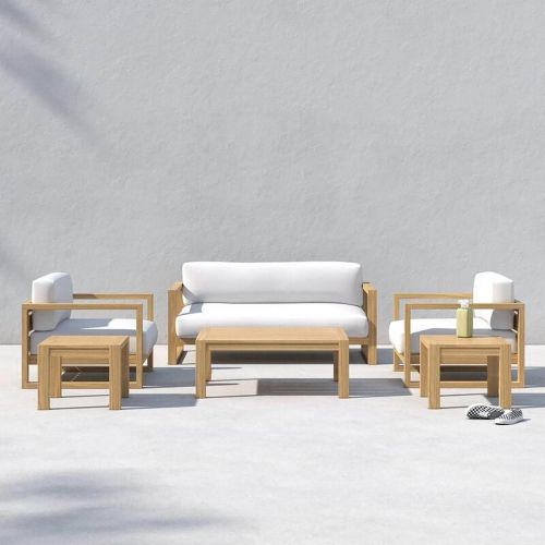 Sofa set with a two-seater, two chairs, and three tables, burlap, 6 pieces, White & Beige