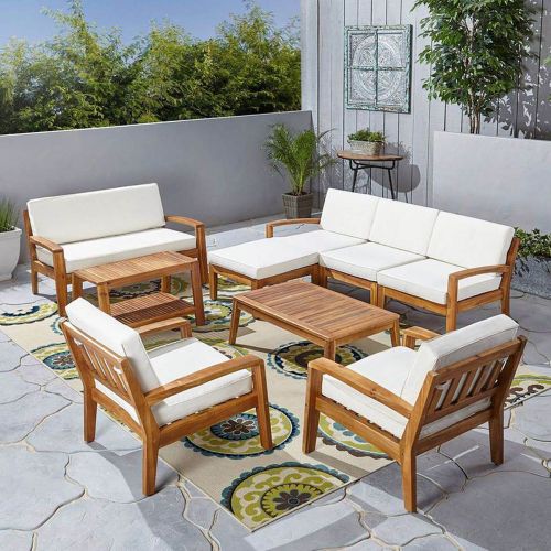 Set with a three-seater sofa, a two-seater sofa, a side table, a table, two armchairs, and a chair, linen, 7 pieces, White & Beige