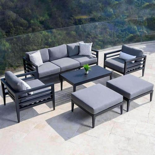 Set with a three-seater sofa, a table, two chairs, and two poufs, linen, 6 pieces, Grey & Black