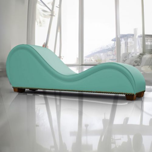 Romantic Chaise Longue Luxury And Romantic Design Sofa With Bed Mode Of Velvet Fabric With Lower Decorative Brown Buttons, Light Turquoise, In House