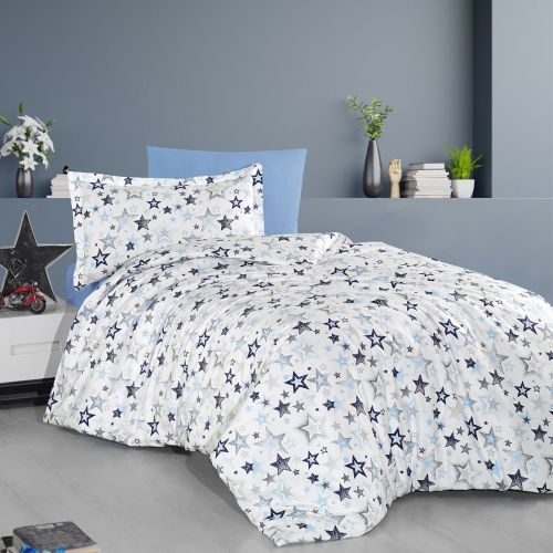 In House Ranforse Child Cotton Comforter Set 3Pieces - White&Blue - 21118-b.ntif